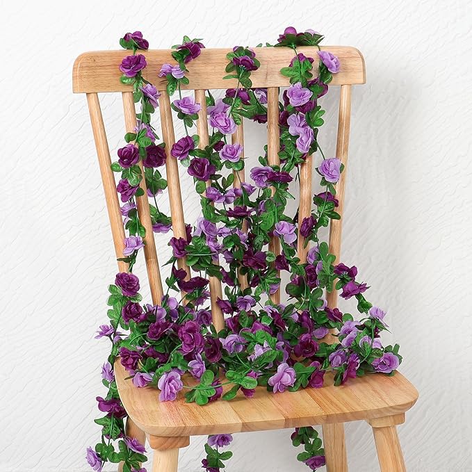 KHOYIME 9 Pack 72 FT Artificial Flower Garland, Fake Purple Roses Vines Silk Flowers Faux Plastic Outdoor Hanging Floral Ivy Garland Decoration for Wedding Arch Bedroom Home Wall Backdrop Room Decor