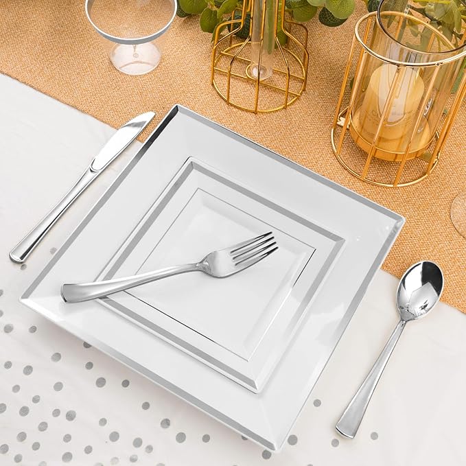 Goodluck 352 Piece Silver Dinnerware Set for 50 Guests, Square Plastic Plates with Silver Trim, Include: 100 Plastic Plates, 50 Rolled Napkins, 50 Cups, 50 Cutlery Set and 2 Tablecloth