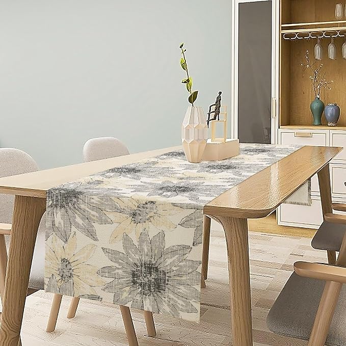 Chrysanthemum Vintage Floral Table Runner, Elegant Grunge Green Sunflower Spring Summer Elegant Pattern Artichokes Flower Table Runner for Party Kitchen Dining Living Room Decor, 13x90 Inch
