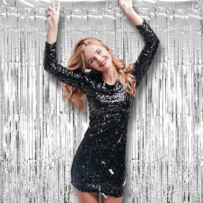 2 Pack Silver Tinsel Foil Fringe Curtains, Silver Party Decorations, Metallic Tinsel Party Streamers Backdrop for Birthday Baby Shower Graduation Wedding Bachelorette Party Decorations