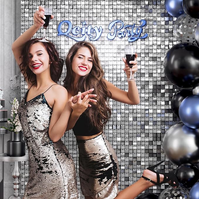 Qcity Silver Shimmer Wall Backdrop 24PCS, Black Back Not See-Through Design, Square Sequin Glitter Backdrop Panel, Perfect for Outdoor Events, Birthdays, Wedding and Party Decoration