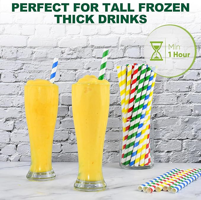 [10MM Wide] 10.25 Inch Extra Long Fat Sturdy Paper Drinking Straws for Smoothies, Milkshakes, Thick Frozen Drinks - 100 Counts, Colorful Stripes - Biodegradable