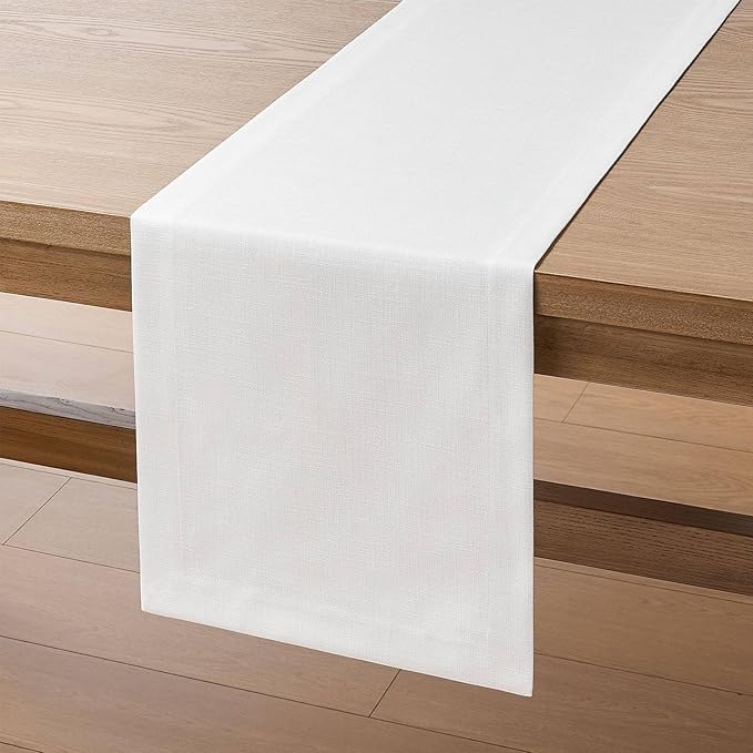 ZeeMart Linen Textured Border Table Runner, 14 x 60 Inch White, Farmhouse Style White Table Runners 60 Inches Long, Easy Care Everyday Polyester Table Runner