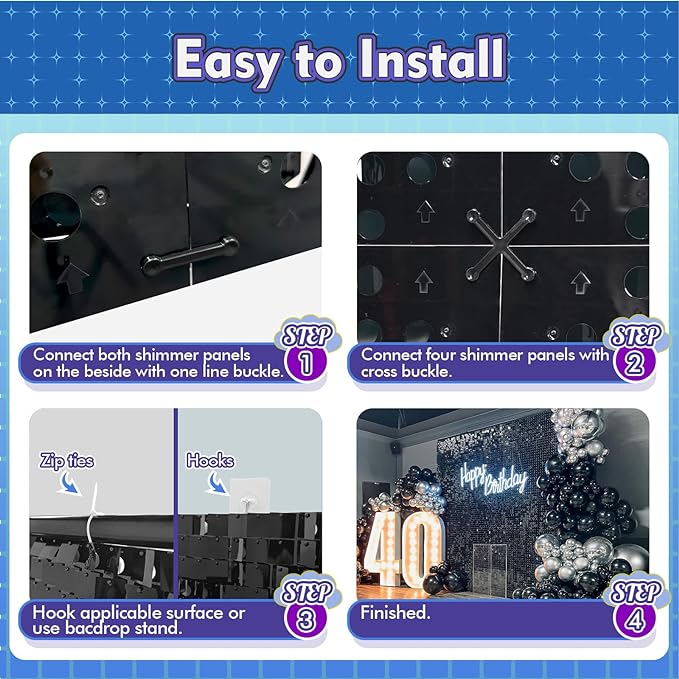 Qcity Silver Shimmer Wall Backdrop 30PCS, Black Back Not See-Through Design, Square Sequin Glitter Backdrop Panel, Perfect for Outdoor Events, Birthdays, Wedding and Party Decoration