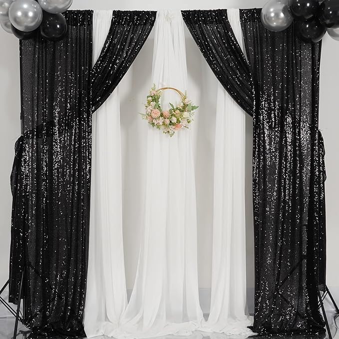 Poise3EHome Black Sequin Backdrop Curtains,4 Panels 2FTx8FT Glitter Background for Halloween Birthday Party Wedding Christmas Thanksgiving Holiday Festival Decor