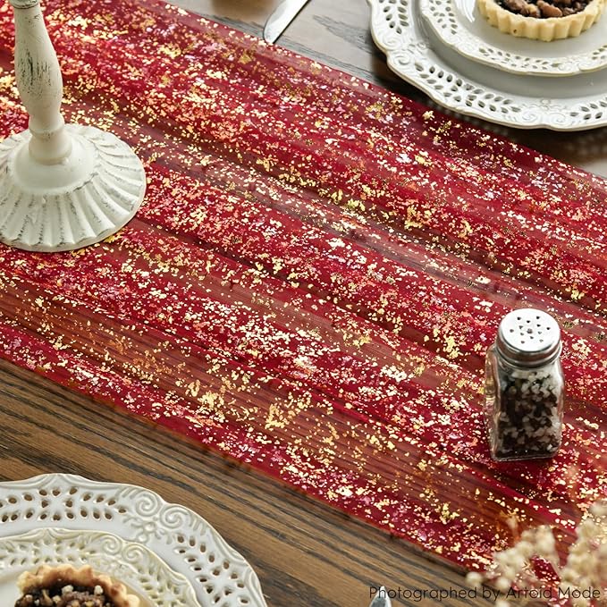 Artoid Mode Red Gold Gauze Table Runner 120 Inch 10FT, Glitter Metallic Foil Sheer Dining Wedding Anniversary Holiday Table Decor for Home Party