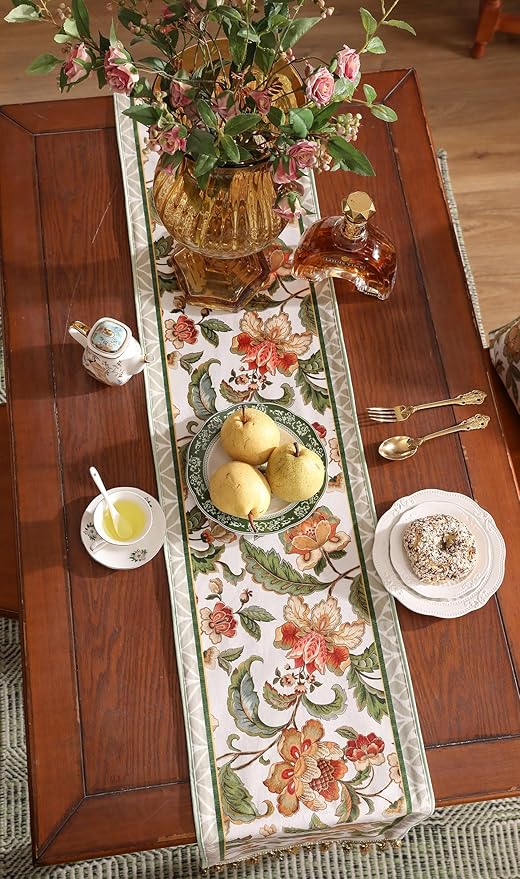 patdrea Designer Elegant French Floral Velvet Table Runner, Fresh Green with Orange Blossoms Pattern Table Mat, Decoration for Kitchen Dining Coffee Table Cabinet Banquet Thanksgiving,12"*71"