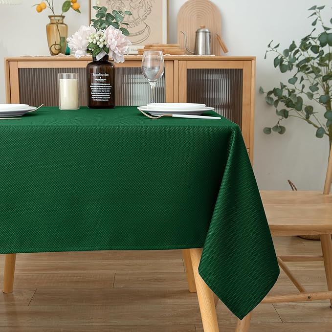 Biscaynebay Textured Fabric Christmas Square Table Cloth 90x90 Inch, Hunter Green Water Resistant Spill Proof Tablecloths for Dining, Kitchen, Wedding and Parties etc. Machine Washable