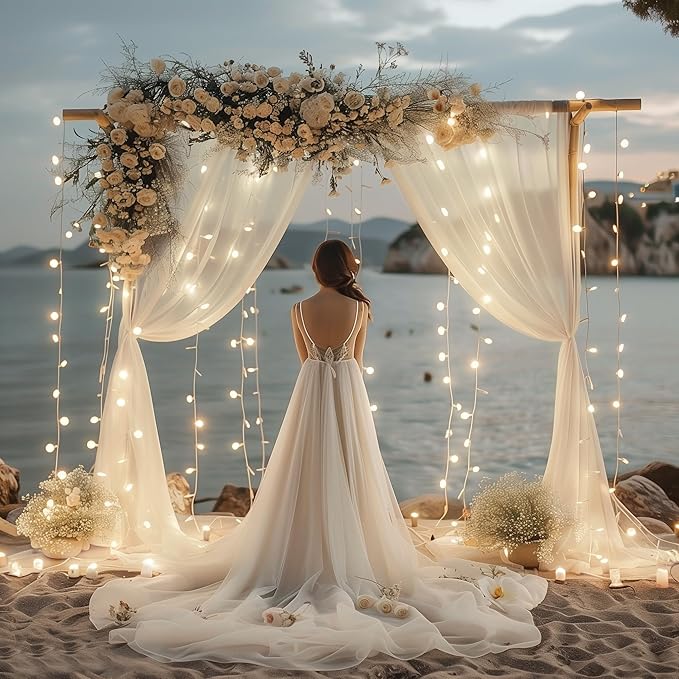 Fomcet Tulle Backdrop Curtains Ivory 30FT X 10FT Tulle Curtain with Lights String Sheer Backdrop Curtains for Parties Wedding Baby Shower Photo Shoot Decorations (6 Panels 5 x 10FT)