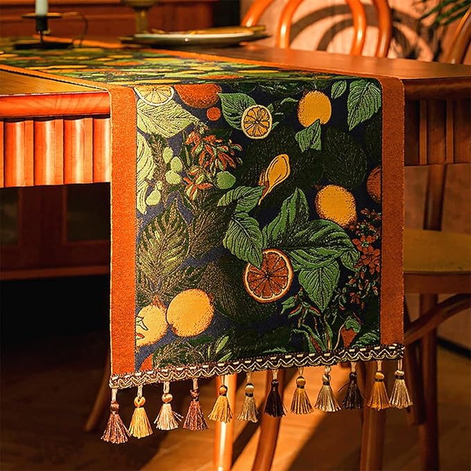 13×72 Inch Table Runner, Retro-Luxury Tassels Series for Kitchen Dining Table Holiday Decoration (Lemon Garden)