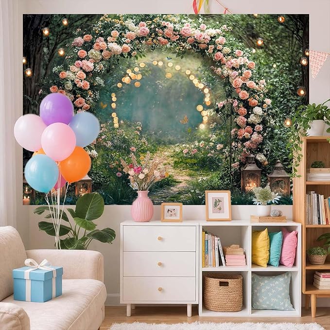 15x10ft Enchanted Forest Wedding Photography Backdrop Wonderland Roses Fairy Tale Backdrop Pink Flower Birthday Newborn Baby Shower Wedding Bridal Party Banner Photo Booth Props Anniversary Background