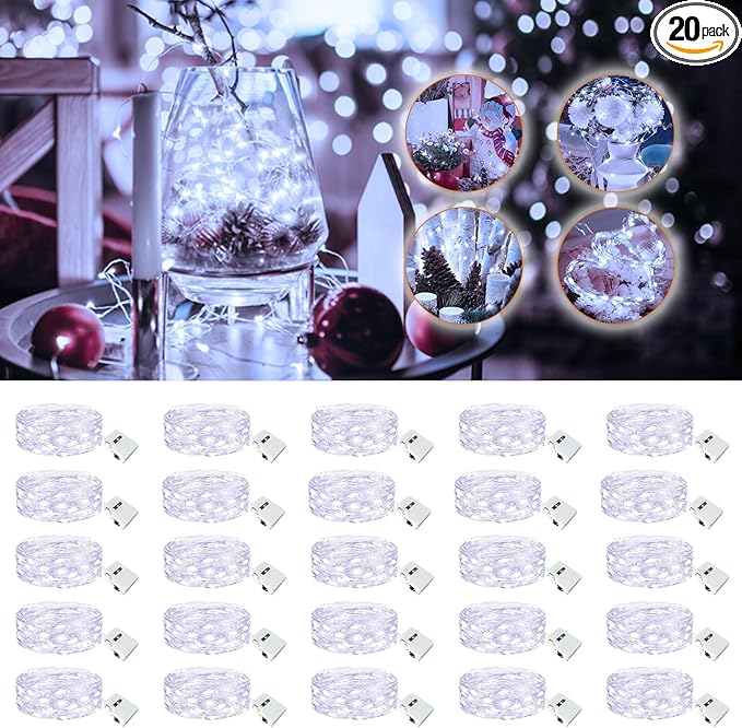 20 Pack Fairy Lights Battery Operated - 7ft 20 Led Twinkle Lights 3 Modes, Bulk Mini String Lights Waterproof for Mason Jars Vases DIY Party Wedding Decoration Christmas -Cold White