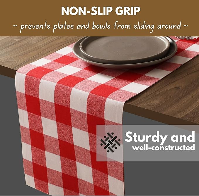 Native Fab Table Runner Buffalo Check Plaid 100% Cotton - 13x72 Inches Kitchen Dining Table Decoration for Indoor Outdoor Farmhouse Home Party Decor - Red and White