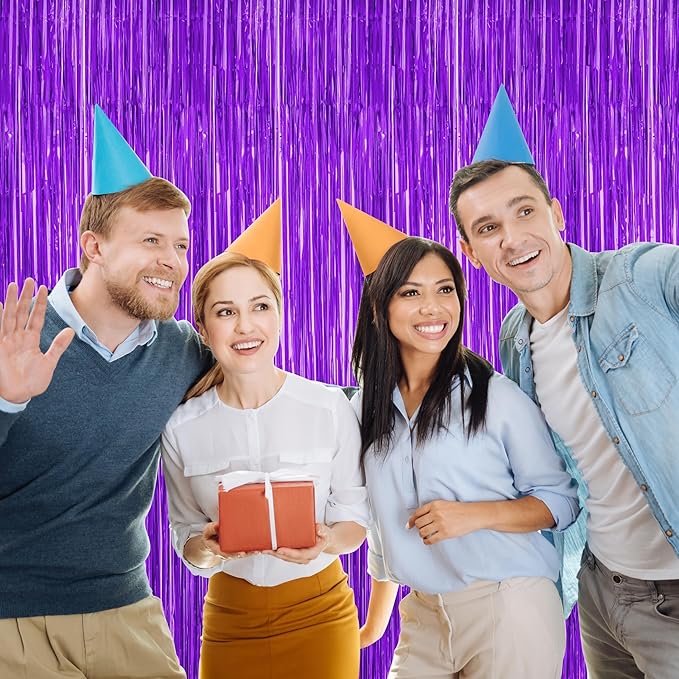 2 Pack Backdrop Curtains, 3.28 FT x 7.05 FT Purple Tinsel Backdrop, Metallic Purple Backdrop Fringe Curtains Foil Streamer, Party Supplies Photo Props for Anniversaires Wedding Party