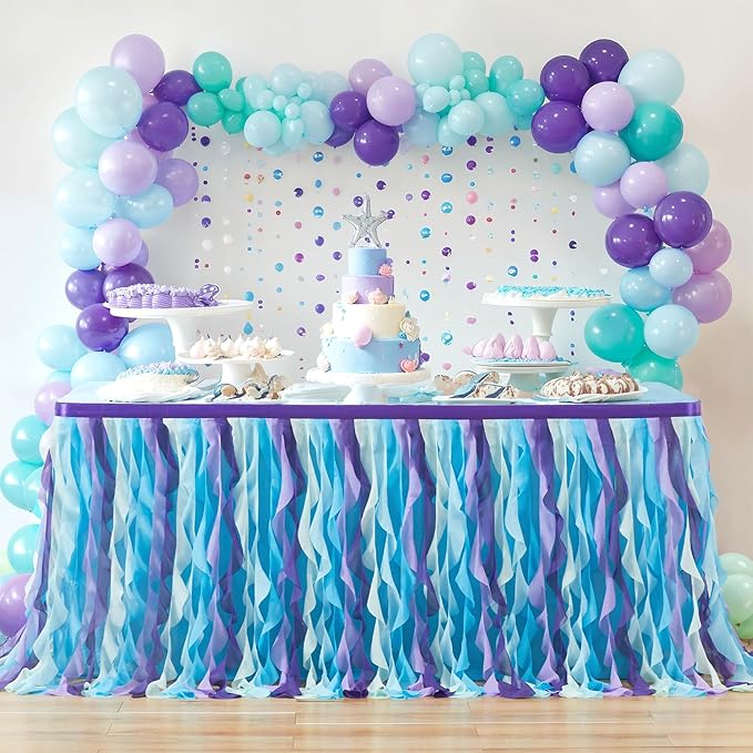 Partisky Mermaid Tulle Tutu Ruffle Curly Willow Table Skirt for Rectangle Table 17ft, Mermaid Themed Party Table Cloth for Girls Birthday Party or Baby Shower
