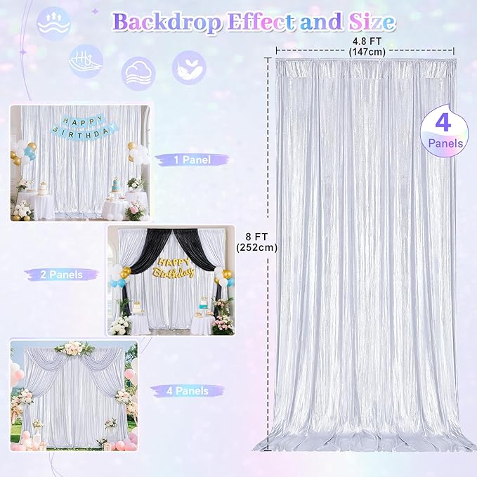 Silver Curtains Backdrop for Wedding Parties, Glitter Blrthday Drapes 4 Panels of 4.8x8FT Wrinkle Free Glitter Photo Backdrop Drapes