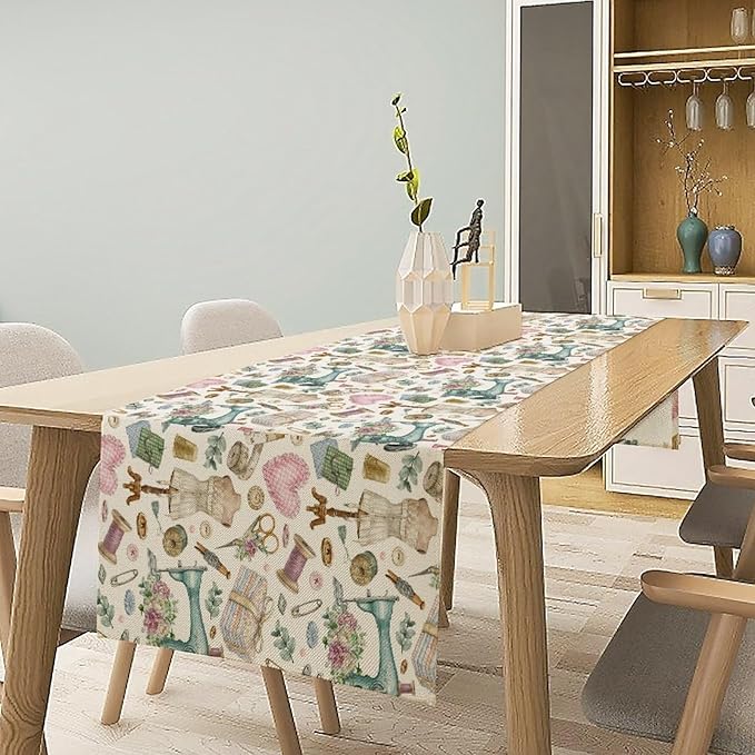 Sewing Theme Table Runner,Vintage Sewing Machine Tool Watercolor Pattern Print Tablecloth Burlap for Hotel Indoors Outdoor Dining Room Kitchen Home Decor,W13X L80 in
