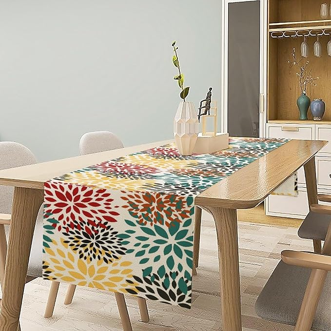 Green Red Dahlia Flower Table Runner Chrysanthemum Geometric Kitchen Dining Bedroom Living Room Table Decor for Indoor Outdoor Home Party, 13x120 Inch
