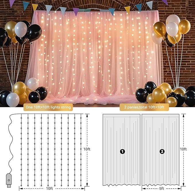 10×10ft Tulle Backdrop Curtains with Lights String - 300LED Fairy Lights Sheer Curtain Backdrop for Weddings Baby Shower and Birthday Party Decorations(4 Panels 5×10ft)