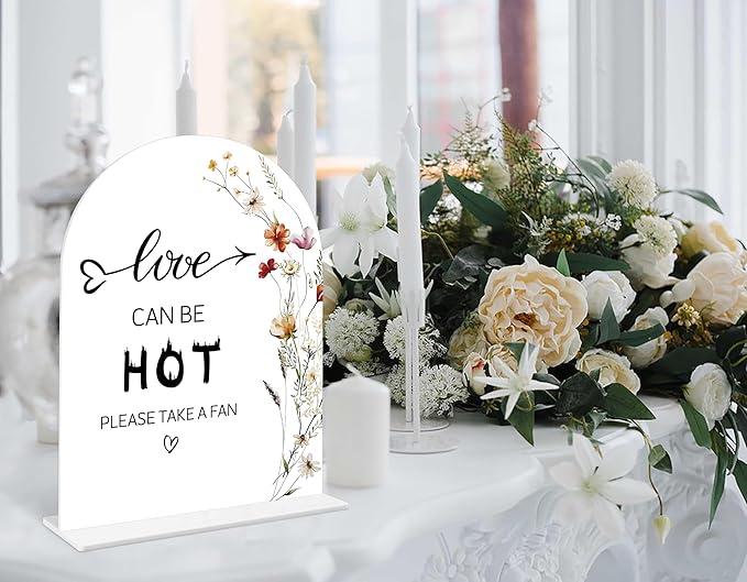 Boho Floral Love Can Be Hot Sign, 6 x 8 Inch White Arch Acrylic Wedding Sign with Holder, Wedding Sign for Ceremony and Reception, Wedding Decoration, Wedding Supplies - BX15