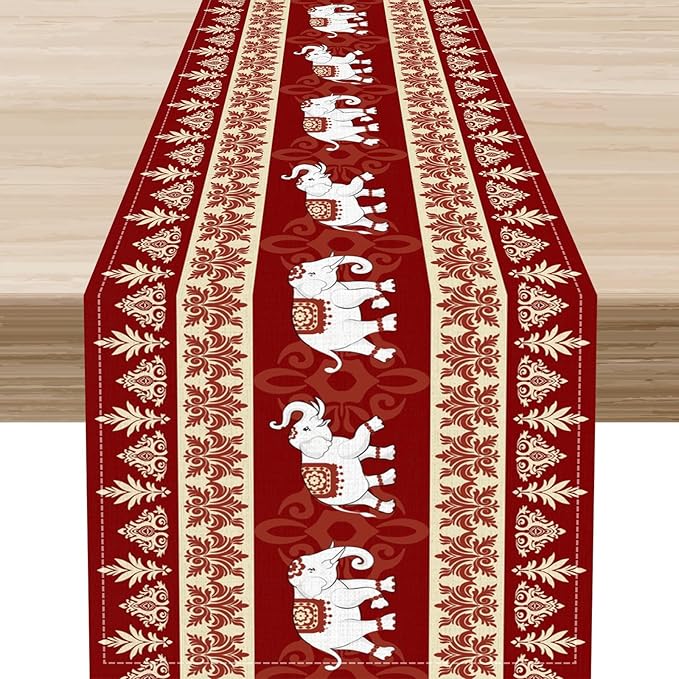 Boho Elephant Table Runner, Vintage Tribal Traditional African Animals Ethnic Folk Red Table Center Decor for Home Kitchen Dining Patio Holiday Party Indoor Outdoor Table Decorations, 13"x90" Inch