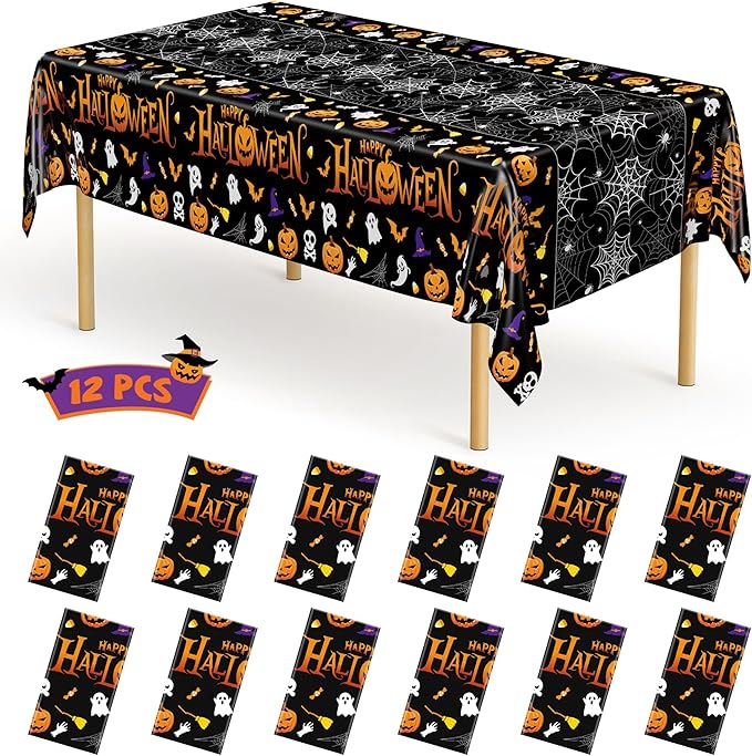 QZYL 12 Pack Halloween Plastic Tablecloth, 54" x 108" Pumpkin Decorations, Spider Webs Pumpkin Design Disposable Table Cloth Tablecover, Halloween Party Decor Dinnerware Indoor