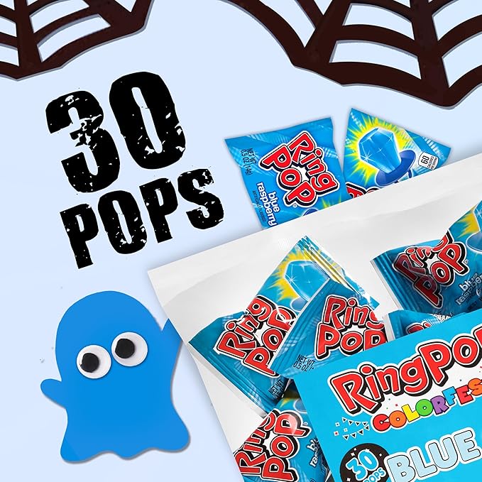 Ring Pop Individually Wrapped Blue Halloween Candy, 30 Ct Bulk Lollipop Pack, Raspberry Flavored Lollipop Suckers for Kids, Fun Candy Bulk for Trick or Treat, Halloween Bowls, Gifts, Party Favors