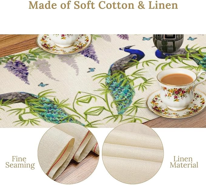 Peacock Table Runner,Spring Plant Butterfly Print Seasonal Table Runner for Home Kitchen Dining Party Indoor Outdoor Decoration 13x70 Inch