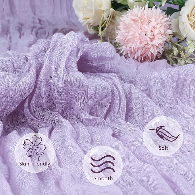 12 Pack Lilac Purple Cheesecloth Table Runner 10ft Boho Gauze Fabric Cheese Cloth Table Runner 35 x 120 Inch Rustic Sheer for Romantic Wedding Decor Baby Shower Party Table Centerpiece Decoration