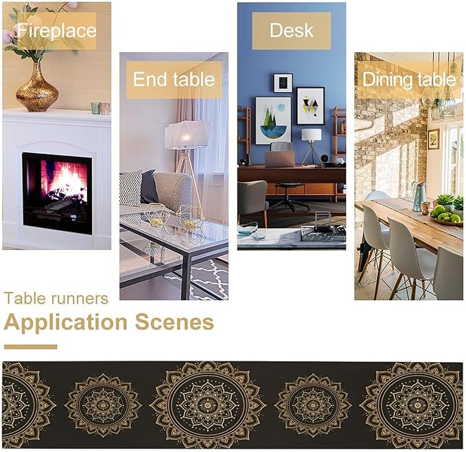 Golden Mandala Table Runner, Traditional Indian Gold Black Flower Vintage Luxury Bohemian Mandala Table Runner for Home Kitchen Dinning Table Indoor Outdoor Holiday, 13x120inch
