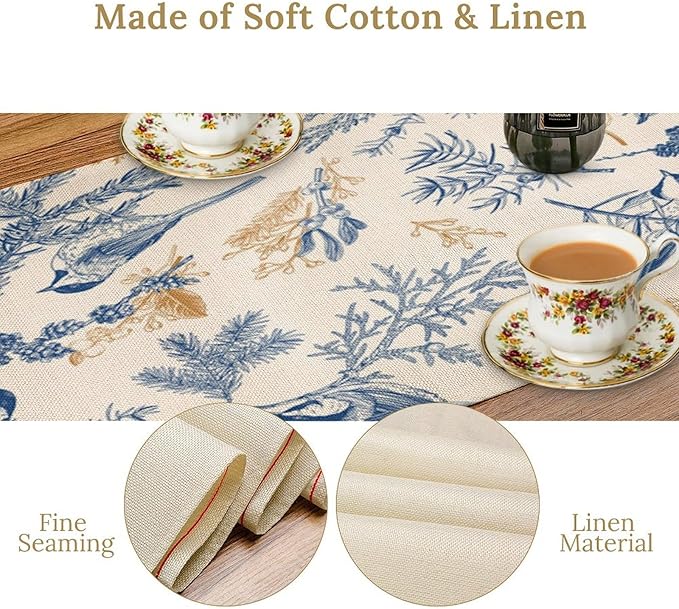 Chinoiserie Flowers Table Runner, Seasonal Spring Fall Plants Blue Florals Birds Dinner Runner for Home Kitchen Dining Table Party Holiday Decoration 13"x108"