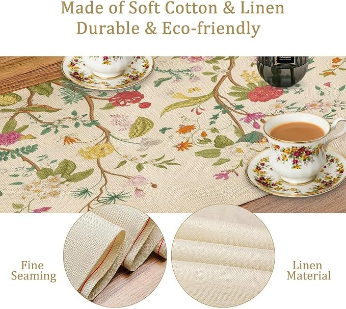 Floral Table Runner, Vintage Birds Wildflowers Herbs Nature Theme Linen Long Table Kitchen Dining Table Holiday Party Decorative Table Runner,13in（33cm） W * 60in（152cm） L