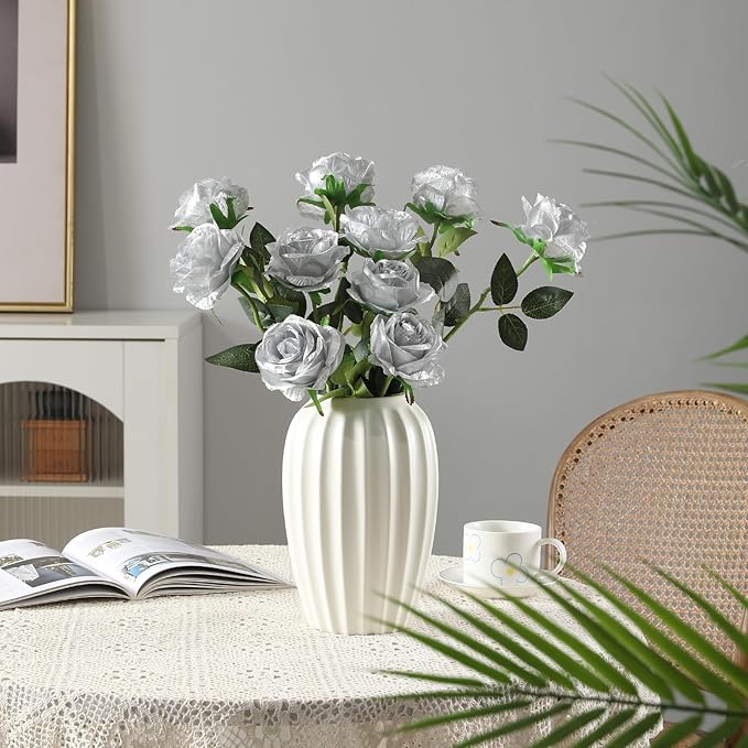 Tifuly Silver Roses Artificial Flowers -12Pcs Realistic Single Long Stem Fake Silk Roses Bouquet for Party Home Wedding Centerpiece Hotel Office Decor