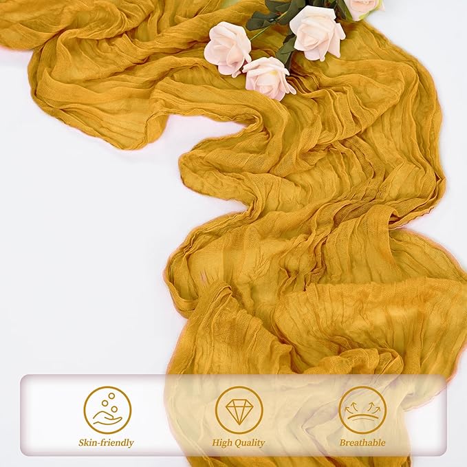 20 Pack Mustard 10FT Cheesecloth Table Runner Rustic Gauze Fabric Cheese Cloth Table Runner for Wedding Bridal Baby Shower Table Decor Boho Sheer Birthday Party Table Decorations 20 x 120 Inch Long