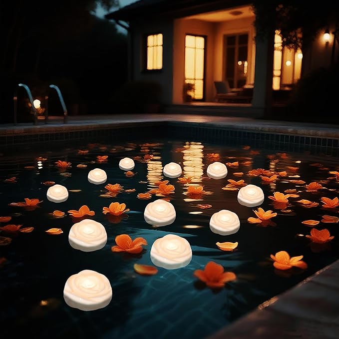 Aignis 36pcs Flameless LED Floating Candles, White Rose Plastic Tealight Battery Operated, 120+ Hours Glow Time, Cozy Light for Romantic Pool/Bathtub/Hot Bath/Wedding Centerpiece Decor(D2.83*H1.42)
