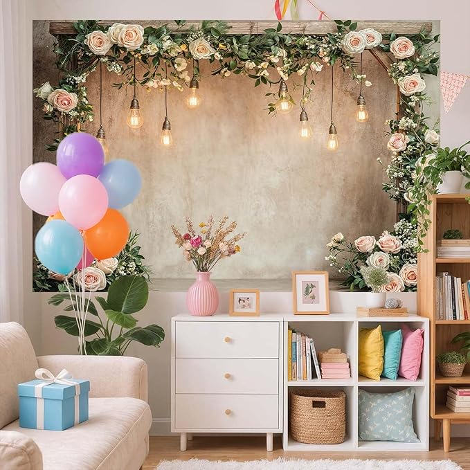 15x10ft Country Wedding Photography Backdrop Floral Rustic Roses Farmhouse Wooden Door Backdrop Pink Flower Birthday Baby Shower Wedding Bridal Party Banner Photo Booth Props Anniversary Background