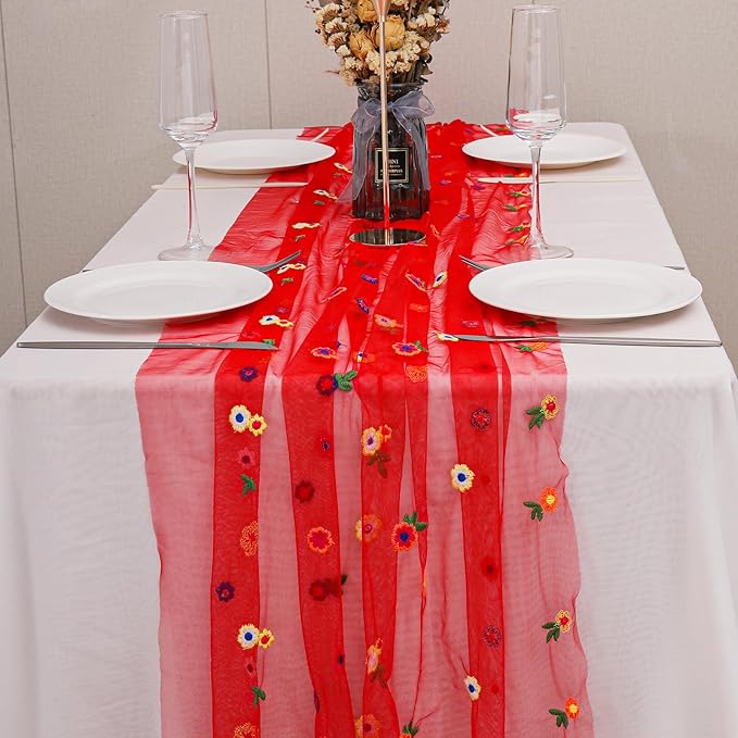 BINBE 1pcs Daisy Fall Table Runner Embroidery Gauze 10FT Florals Seasonal Tulle Holiday Birthday Kitchen Dining Table Decor for Home Party Red