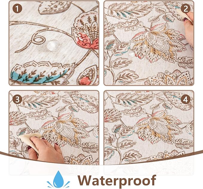 MYSKY HOME Linen Floral Tablecloth Rectangle 60x84 Inch Rustic Tablecloth Spring Summer Waterproof Fabric Table Cover Farmhouse Decoration Oblong for Kitchen, Dining and Outdoor Picnic, Brown