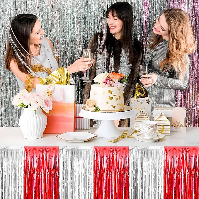 3 Pack Red and Silver Foil Fringe Table Skirts Metallic Tinsel Streamers Garland Banner Backdrop for Table Decor, Parade Float, Birthday, Wedding, Halloween, Christmas Party Decorations(29x108 In)