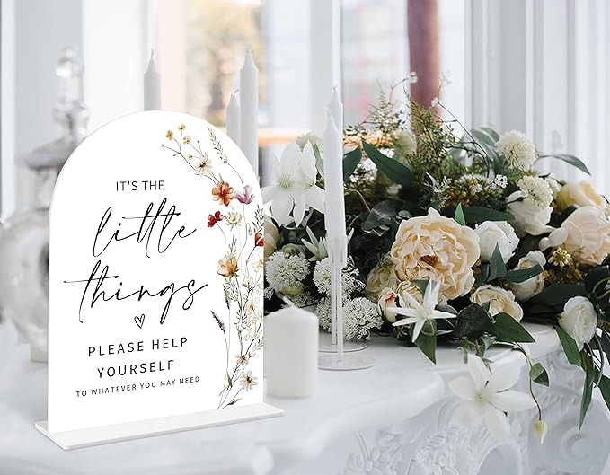 Boho Floral Wedding Bathroom Basket Sign, 6 x 8 Inch White Arch Acrylic Wedding Sign with Holder, Wedding Sign for Ceremony and Reception, Wedding Decoration, Wedding Supplies - BX09