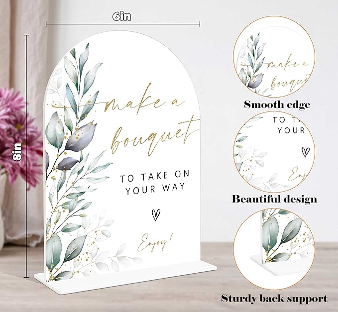 Acrylic Wedding Signs, Greenery Theme Make a Bouquet Sign, Wedding Reception Signage, Bridal Shower Table Decor with Stand, Engagement, Anniversary, Newlywed Events and Parties Supplies, 02