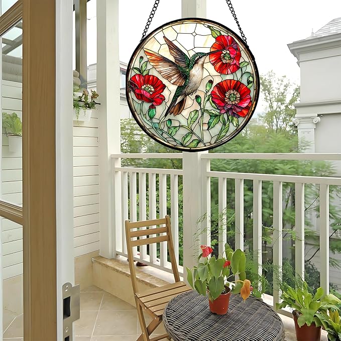 Stained Glass Window Hanging - Green Hummingbird Red Flower Suncatcher for Door Terrace Garden Home Decor Bird Landscape Sun Catcher Birthday Gifts for Lovers Women Men Dad Mom Nana 15 in