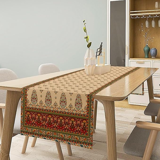 Boho Paisley Table Runner, Vintage Western Brown Dark Red Beige Flowers Leaves Print Table Runner for Kitchen Dining Table Wedding Holiday Party Decor, 13x70inch