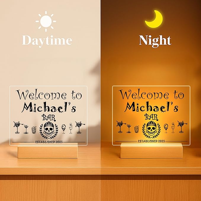 Personalized Bar Gifts for HOME BAR, Custom Name Date Acrylic Light Up Signs, Customized Acrylic Plaque with Night Light, Personalized Night Light for Man Cave Decor