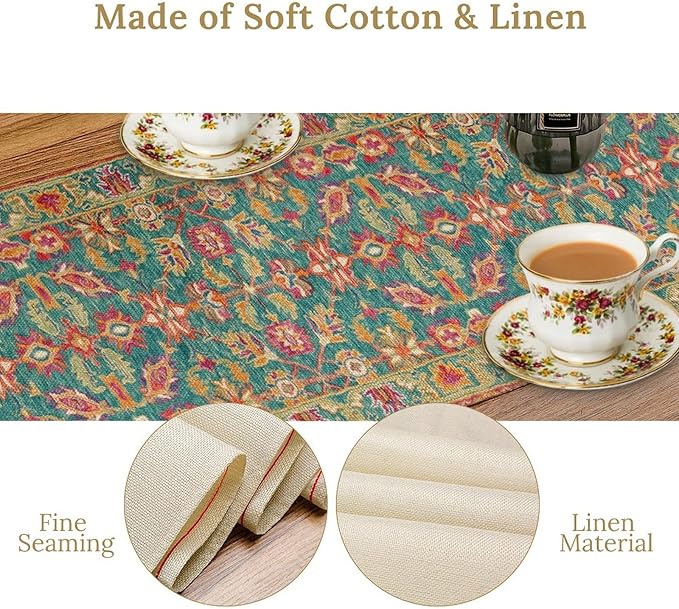 Vintage Boho Floral Table Runner, Rustic Country Farmhouse Teal Red Purple Flower Pattern for Home Kitchen Table Decor Dining Coffee Room Party Decor 13x36in
