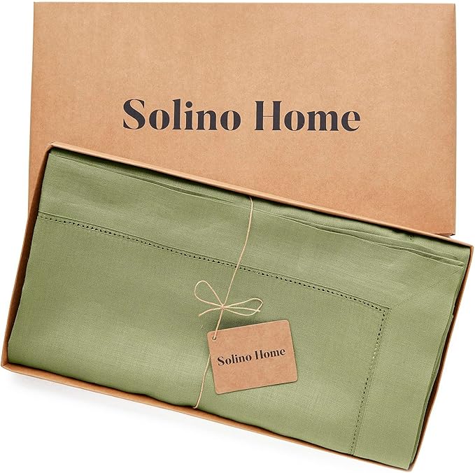 Solino Home Linen Tablecloth 60 x 144 Inch - Classic Hemstitch 100% Pure Linen Moss Green Table Cloth for Rectangle Tables - Machine Washable Tablecloth for Fall, Autumn, Thanksgiving