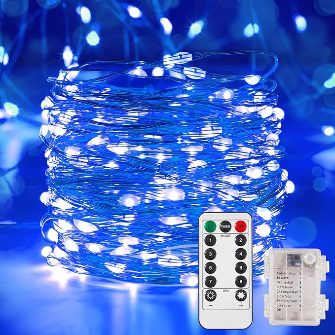 2 Pack 65.6 Ft. Battery Operated Outdoor String Lights with Remote & Timer, LED Blue Fairy Lights, Waterproof Twinkle Lights for Bedroom, Dorm, Mason Jar, Wedding, Party, Christmas