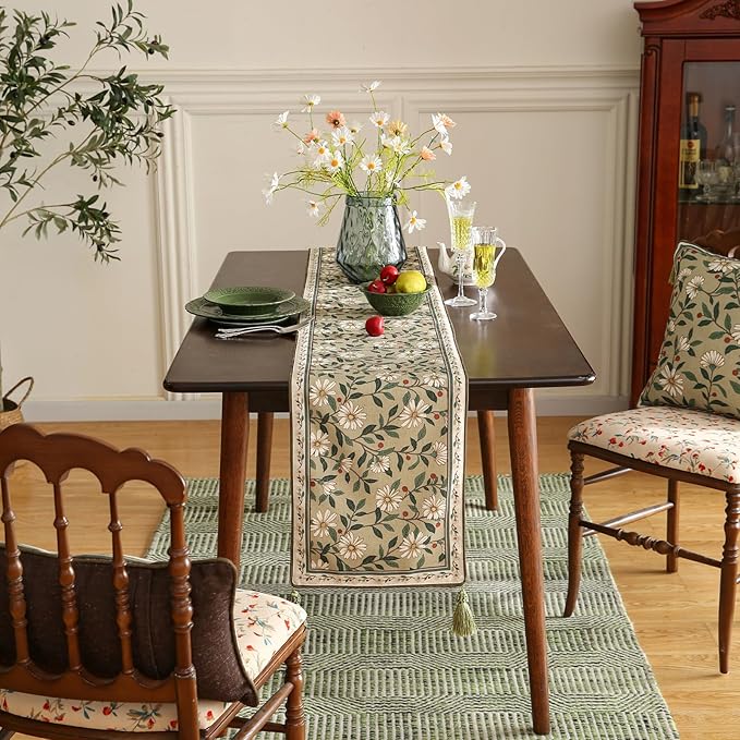 ISAENNE Designer Green Elegant Linen Table Runner 102 Inches Long,Flower and Leaves Pattern Wrinkle Resistant Table Runners for Dining Tables,Thanksgiving,Kitchen Tables,Christmas,12"*102"-Brune