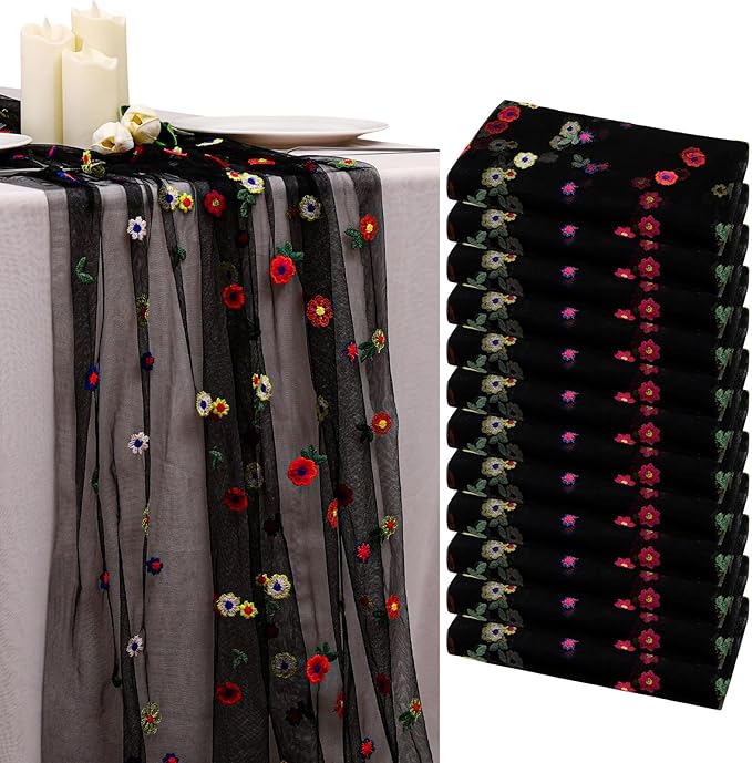 BINBE 12pcs Daisy Fall Table Runner Embroidery Gauze 10FT Florals Seasonal Tulle Holiday Birthday Kitchen Dining Table Decor for Home Party Black