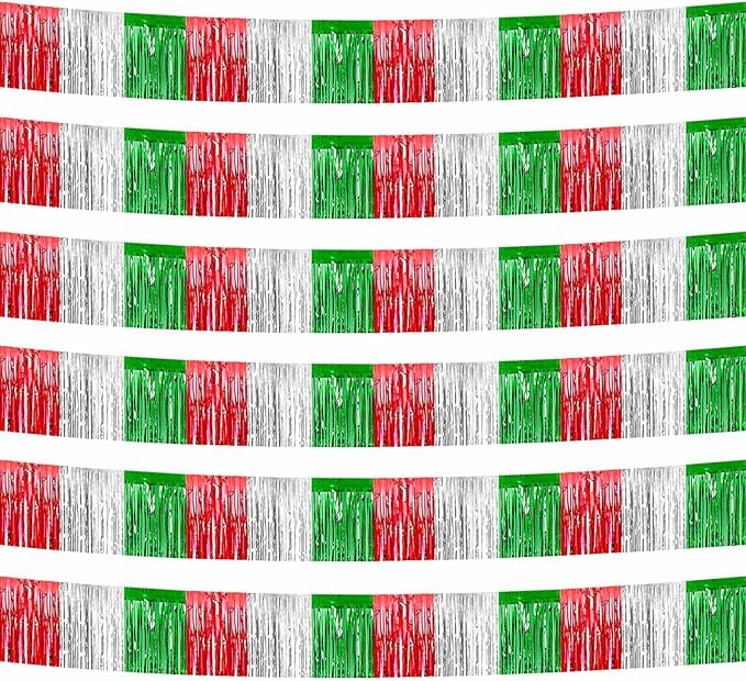 6 Pack 10 Feet Foil Fringe Garland Metallic Tinsel Streamers Banner Wall Hanging Backdrop Banner for Parade Floats, Valentine's Day, Wedding, Birthday, Mardi Gras Party Decorations Red Silver Green